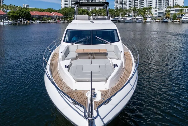  Yacht Photos Pics 2023 Sunseeker Manhattan 68 yacht on calm water, showcasing luxurious deck seating.