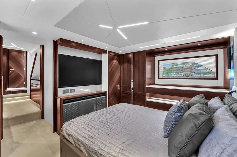  Yacht Photos Pics Luxurious interior of 2023 Sunseeker Manhattan 68 yacht with modern design and elegant furnishings.