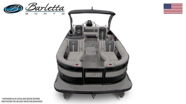  Yacht Photos Pics 2026 Barletta Lusso 23UCA pontoon boat, luxury seating, sleek design, American flag, top view.
