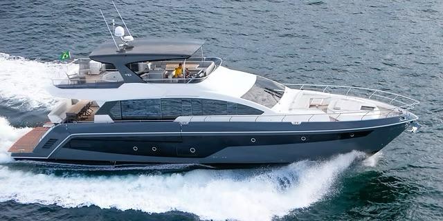 Luxury Schaefer 770 yacht cruising on open water, 2026 model.