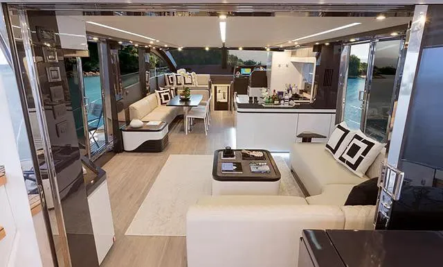  Yacht Photos Pics Luxurious interior of 2026 Schaefer 770 yacht with modern furnishings and scenic ocean view.