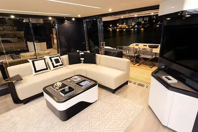  Yacht Photos Pics Luxurious interior of 2026 Schaefer 770 yacht with modern furnishings and waterfront view.