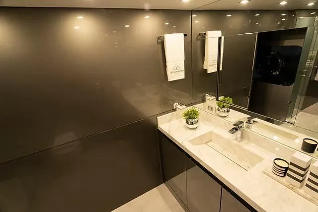  Yacht Photos Pics Luxurious bathroom interior on Schaefer 770 yacht, featuring sleek design and modern fixtures, 2026 model.