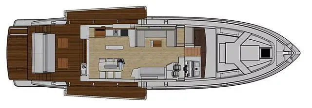  Yacht Photos Pics Top view of Schaefer 770 yacht interior layout, 2026 model, featuring spacious deck and living areas.