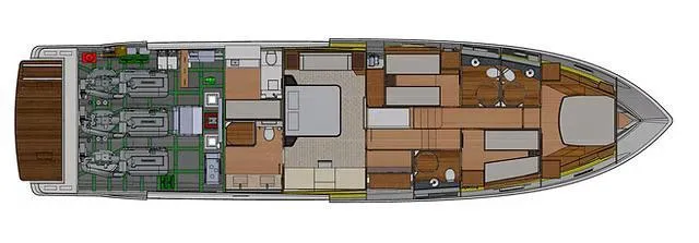  Yacht Photos Pics Floor plan of 2026 Schaefer 770 yacht, showcasing interior layout and engine room.
