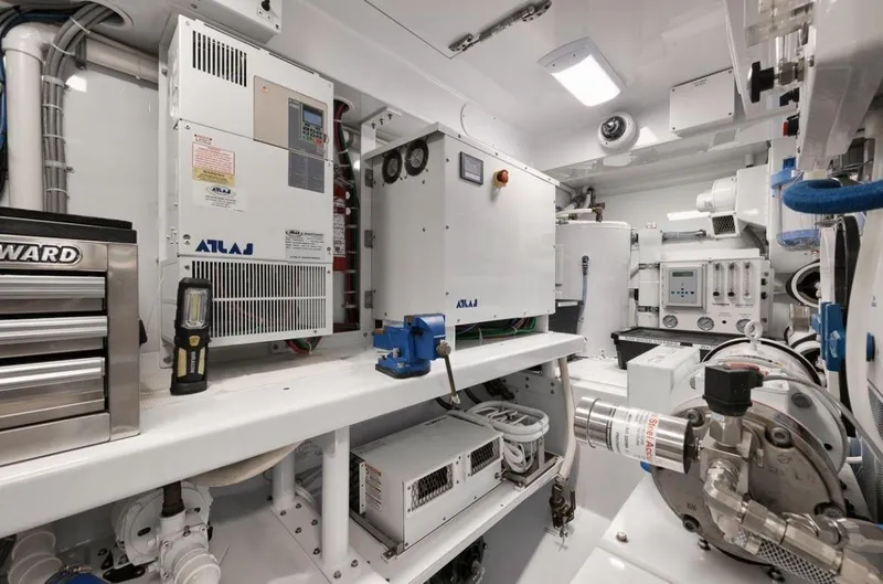 Artemis Yacht Photos Pics Engine room of 2020 Merritt 77 Sportfish Convertible with advanced equipment and tools.