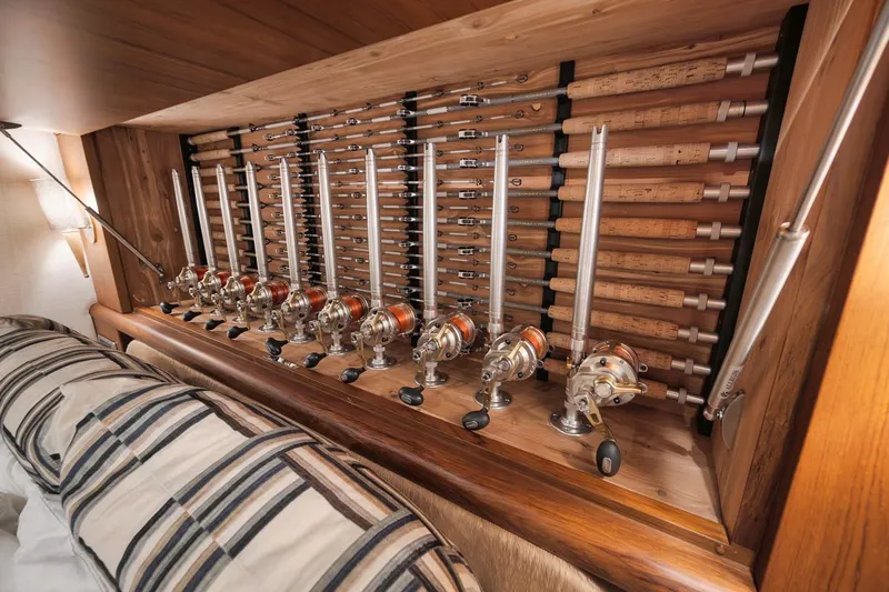 Artemis Yacht Photos Pics Fishing rods neatly stored in a Merritt 77 Sportfish Convertible, 2020 model.
