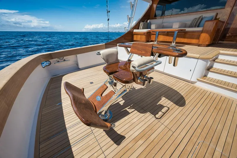 Artemis Yacht Photos Pics Luxury Merritt 77 Sportfish Convertible yacht deck with fishing chair, 2020 model.