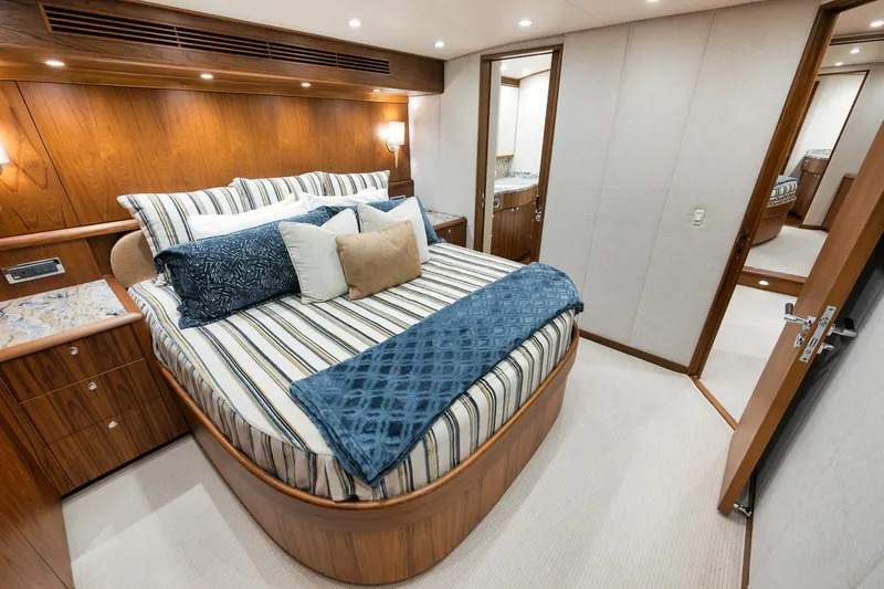 Artemis Yacht Photos Pics Luxurious bedroom interior of 2020 Merritt 77 Sportfish Convertible yacht.