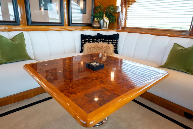 Memory Bank Yacht Photos Pics Luxurious interior of 2007 Ocean Alexander 80 Cockpit Motoryacht with elegant wood table.
