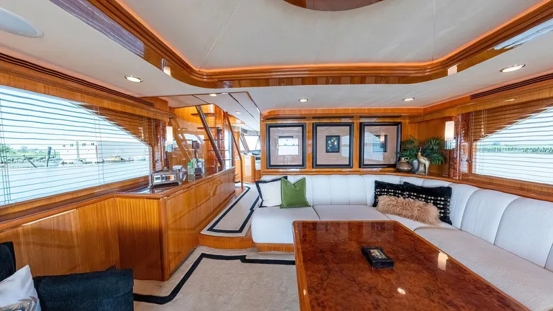 Memory Bank Yacht Photos Pics Luxurious interior of 2007 Ocean Alexander 80 Cockpit Motoryacht with elegant wood finishes.