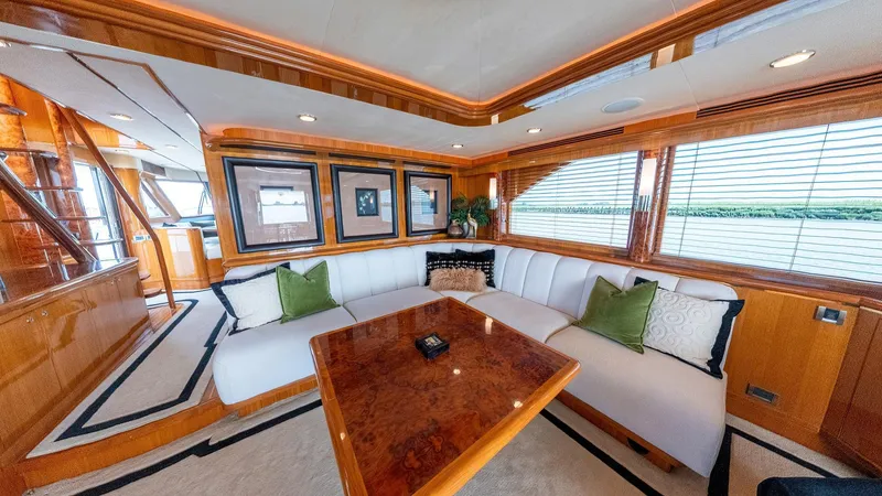 Memory Bank Yacht Photos Pics Luxurious interior of 2007 Ocean Alexander 80 Cockpit Motoryacht with elegant seating and wood finishes.