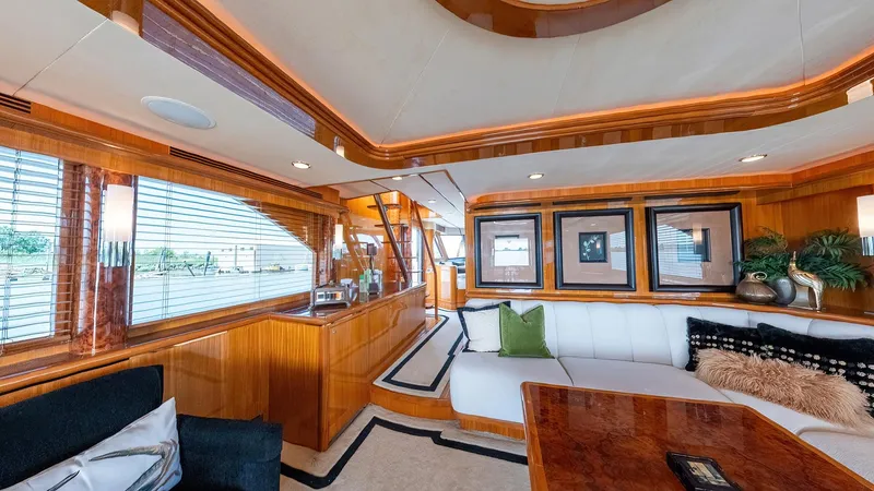 Memory Bank Yacht Photos Pics Luxurious interior of 2007 Ocean Alexander 80 Cockpit Motoryacht with elegant wood finishes.