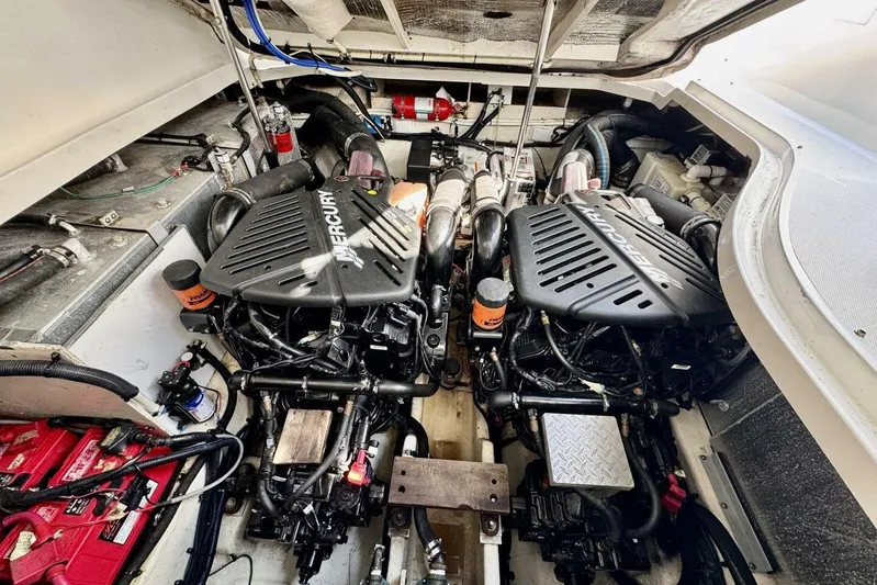  Yacht Photos Pics Engine compartment of a 2008 Sea Ray 330 Sundancer with dual Mercury engines.