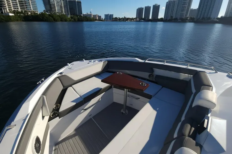  Yacht Photos Pics 2021 Cruisers Yachts 42 GLS OB, luxury seating area with waterfront cityscape.