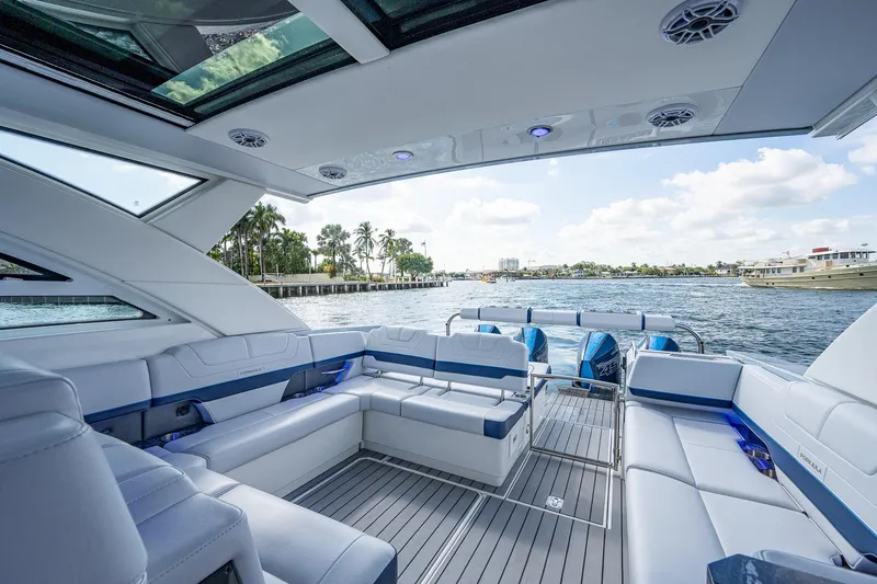  Yacht Photos Pics Luxurious 2022 Formula 430 SSC yacht interior with waterfront view.