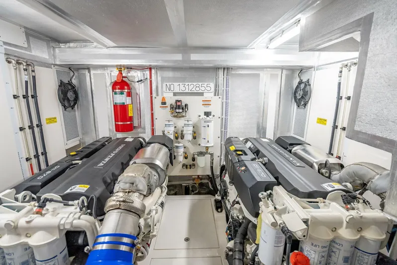 Man Cave Yacht Photos Pics Engine room of 2021 Maritimo X50 yacht with dual engines and safety equipment.