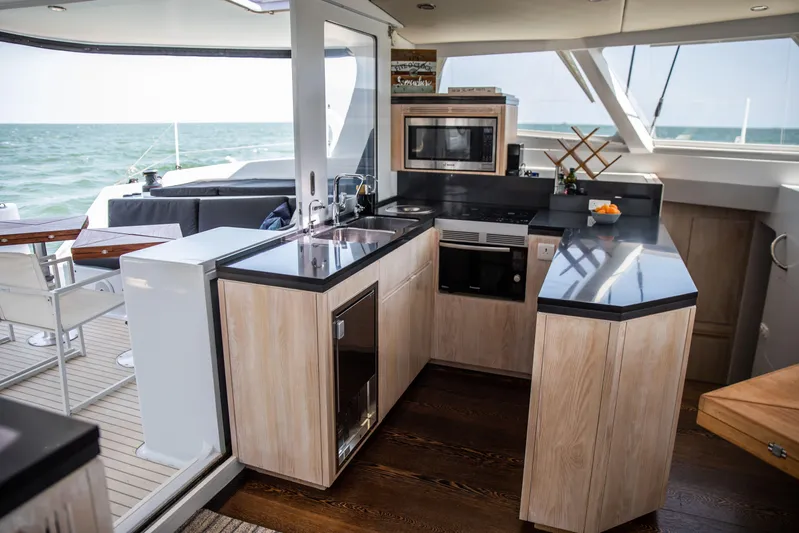 Ondine Blue Yacht Photos Pics Luxurious yacht kitchen interior with modern appliances, Balance 526 model, 2016.