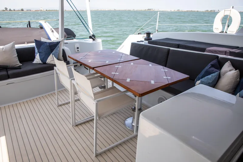 Ondine Blue Yacht Photos Pics Luxurious 2016 Balance 526 yacht deck with elegant seating and ocean view.