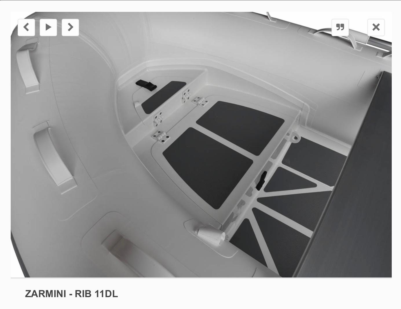 2022 ZAR Mini 11 HDL inflatable boat interior, featuring non-slip flooring and storage compartments.