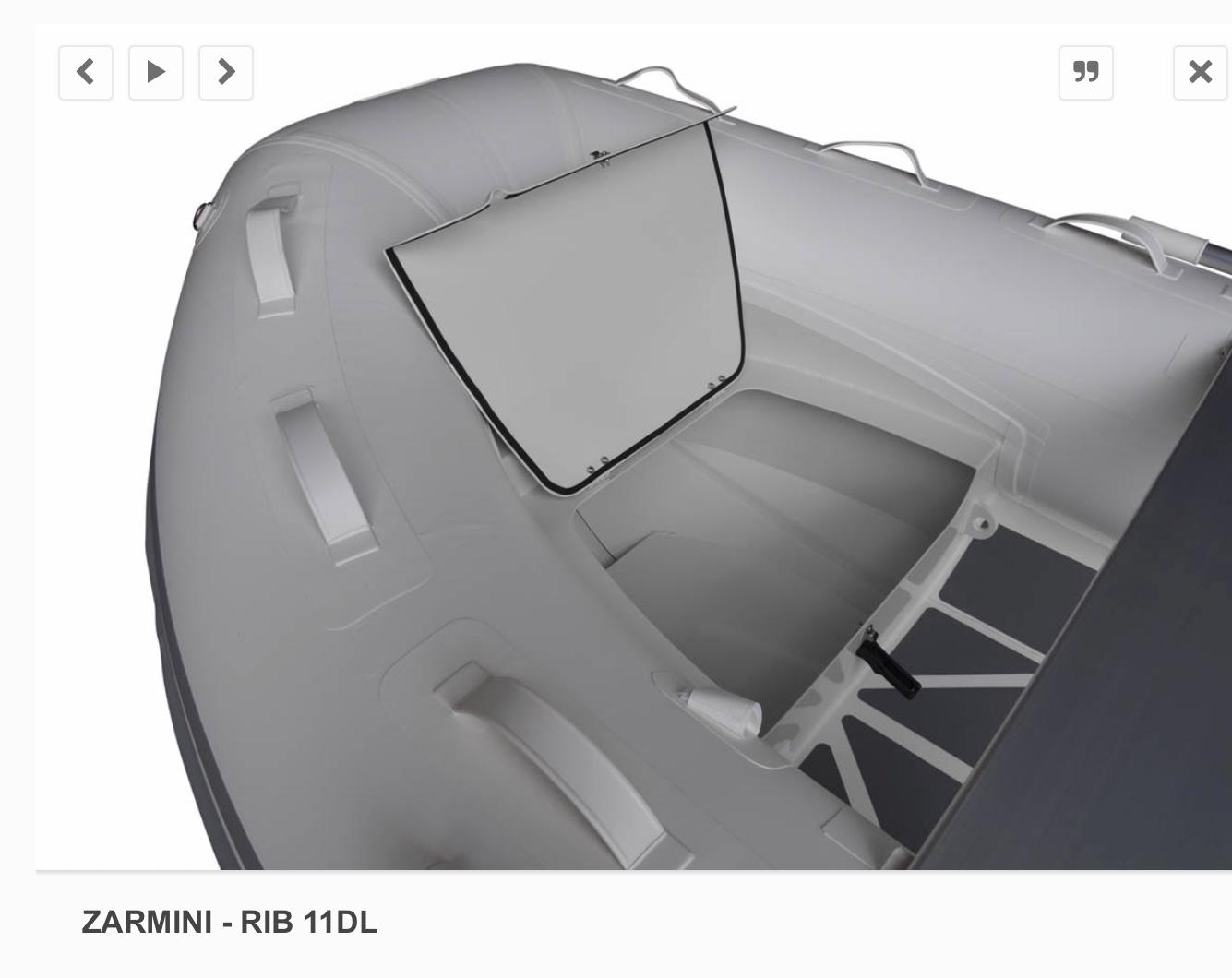 2022 ZAR Mini 11 HDL inflatable boat interior with open storage compartment.
