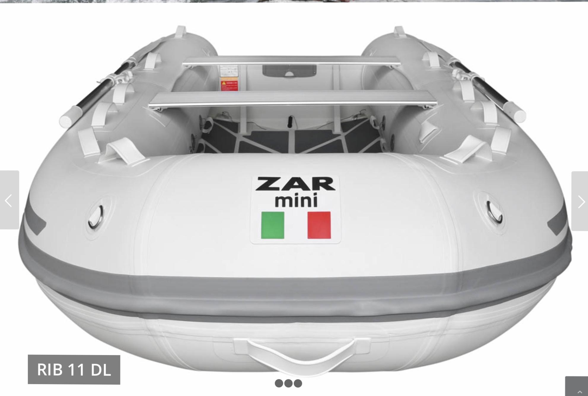 2022 ZAR Mini 11 HDL inflatable boat, front view, white with Italian flag logo.