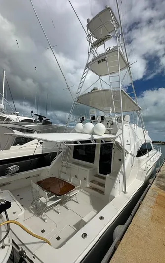  Yacht Photos Pics 2002 Bertram 510 Convertible yacht docked at marina under cloudy sky.