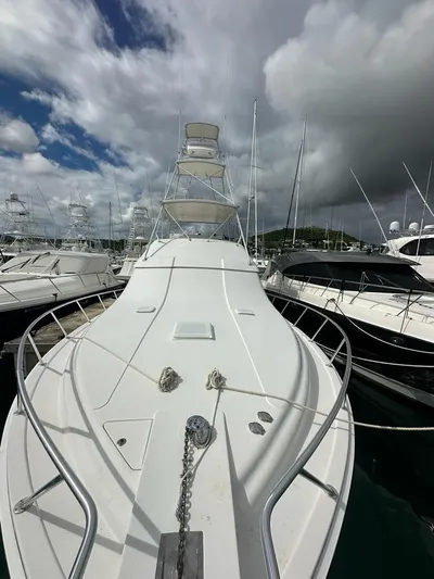  Yacht Photos Pics 2002 Bertram 510 Convertible yacht docked at marina under cloudy sky.