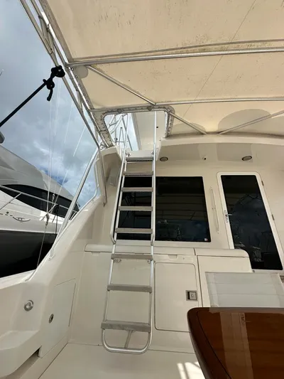  Yacht Photos Pics 2002 Bertram 510 Convertible yacht interior with ladder and seating area.