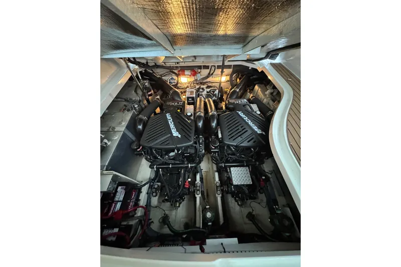  Yacht Photos Pics Engine compartment of 2008 Sea Ray 330 Sundancer with twin MerCruiser engines.