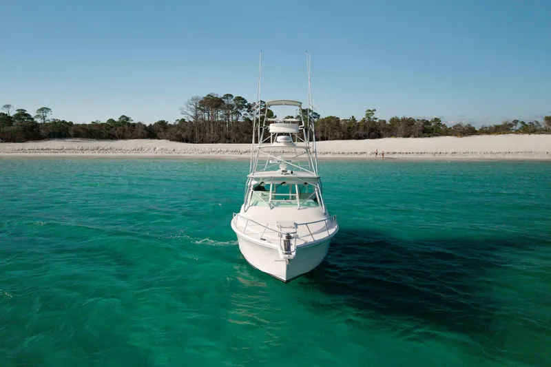 Miss Big Gun Yacht Photos Pics Cabo 35 Express 2000 boat on turquoise water near sandy beach and trees.