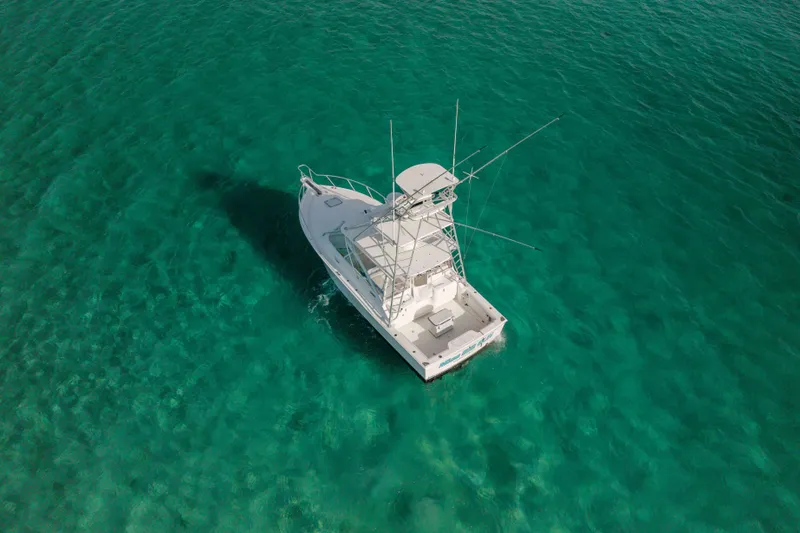 Miss Big Gun Yacht Photos Pics Aerial view of 2000 Cabo 35 Express boat on clear turquoise water.