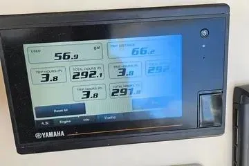  Yacht Photos Pics Yamaha display showing engine hours and fuel usage on a 2022 Grady-White Canyon 336.