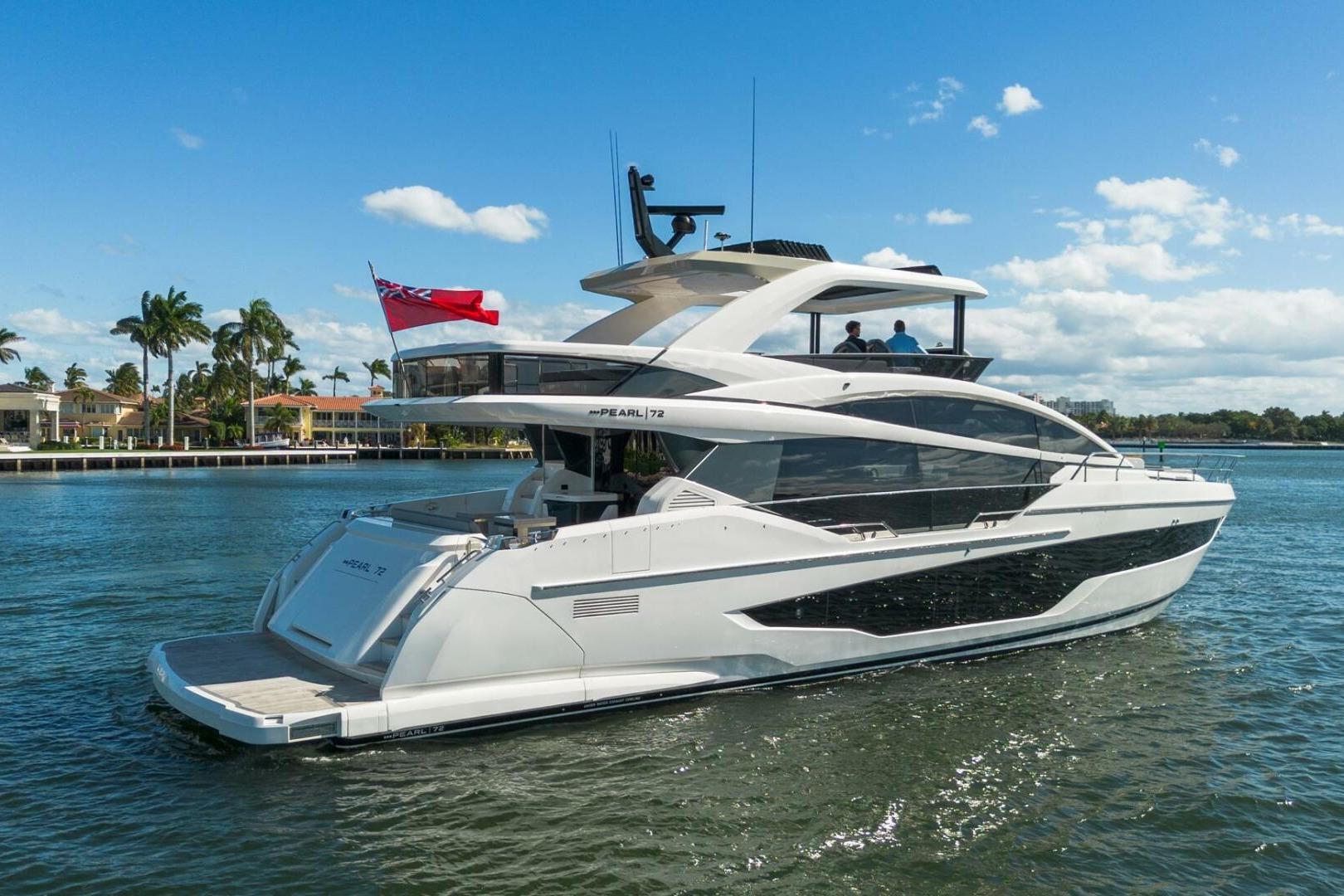 Luxurious 2025 Pearl 72 yacht cruising on a sunny day, featuring sleek design and modern amenities.