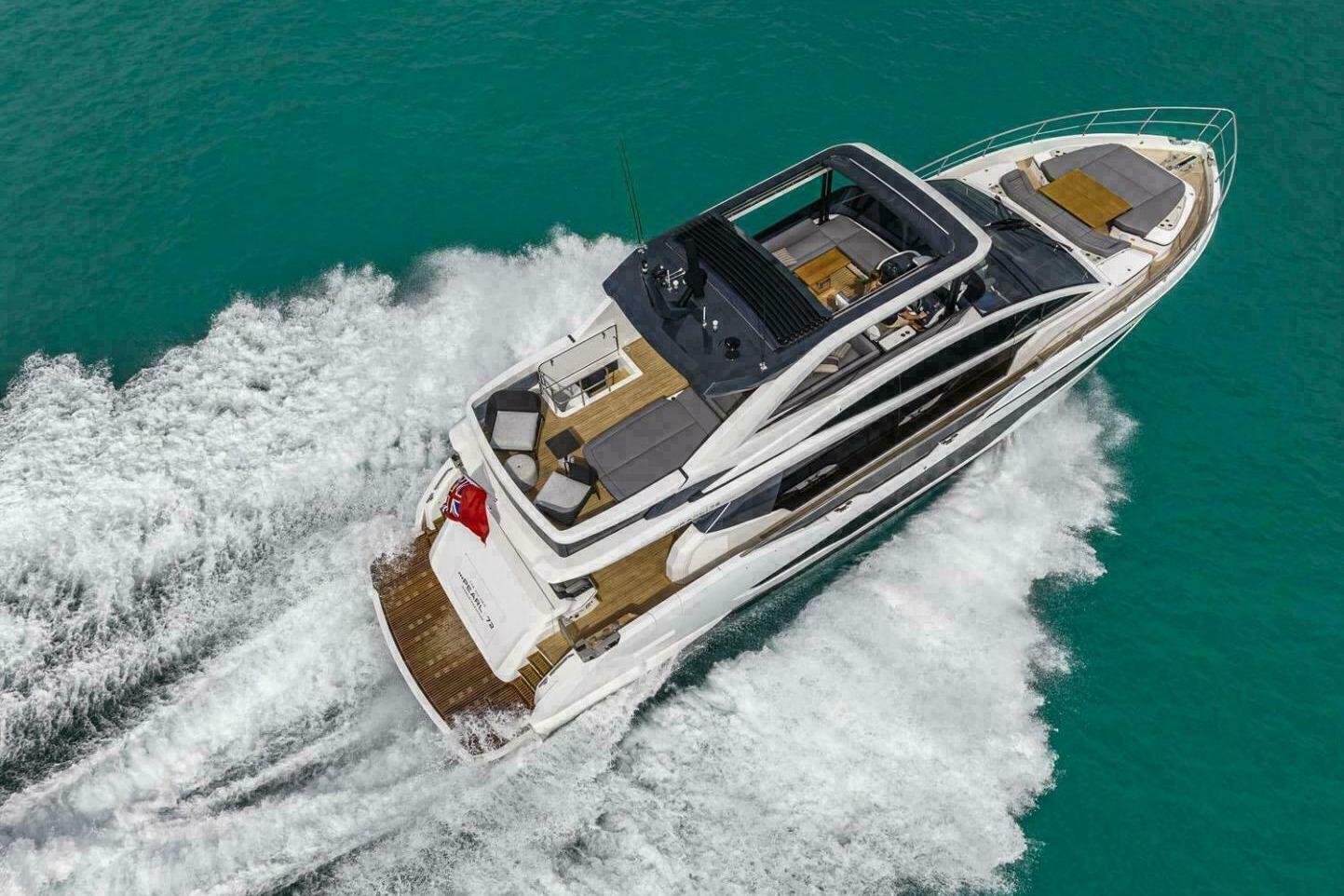 Luxury Pearl 72 yacht cruising on turquoise waters, 2025 model.
