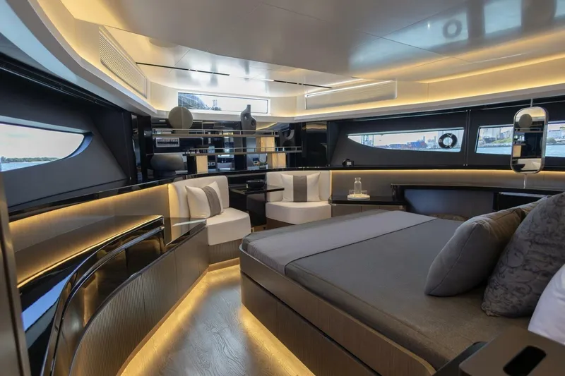 Pearl 72 Indulgence Yacht Photos Pics Luxurious interior of 2025 Pearl 72 yacht with modern design and ambient lighting.