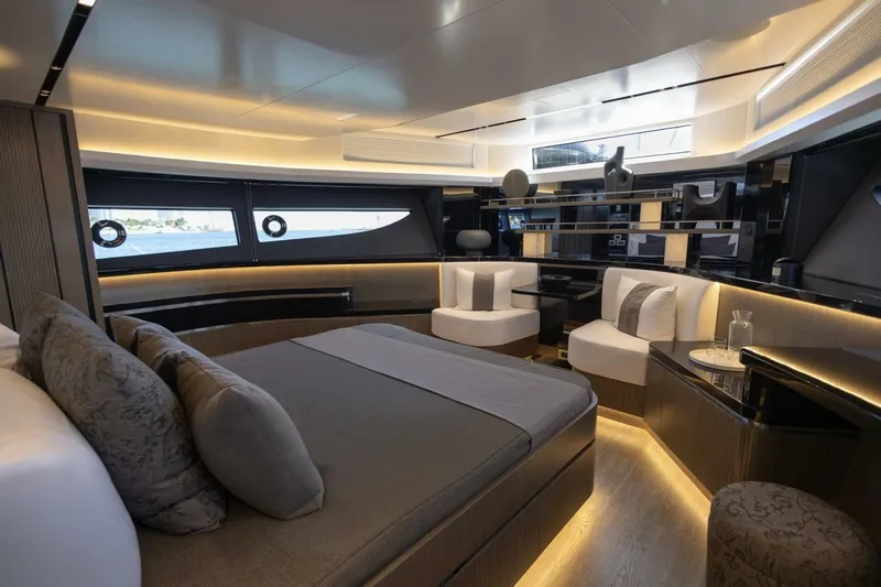 Pearl 72 Indulgence Yacht Photos Pics Luxurious interior of 2025 Pearl 72 yacht with modern design and ambient lighting.