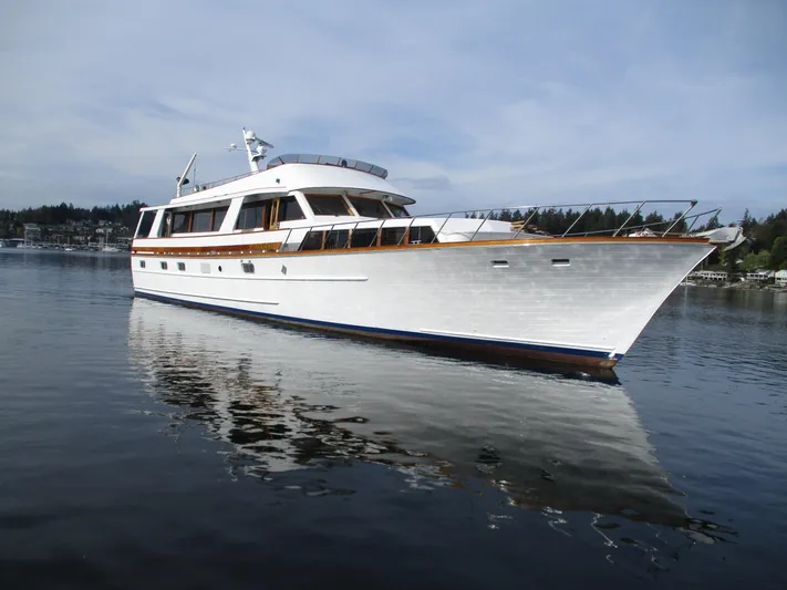 Accord Yacht Photos Pics 1984 McQueen Flush Deck Motoryacht on calm water, showcasing elegant design and craftsmanship.