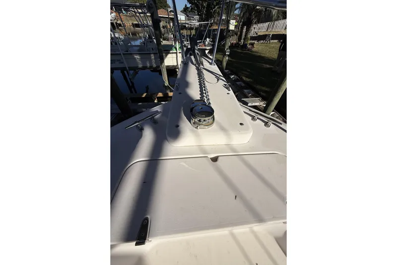 Hooked On A Feeling Yacht Photos Pics 2005 Grady-White Bimini 306 boat deck with anchor chain and winch.