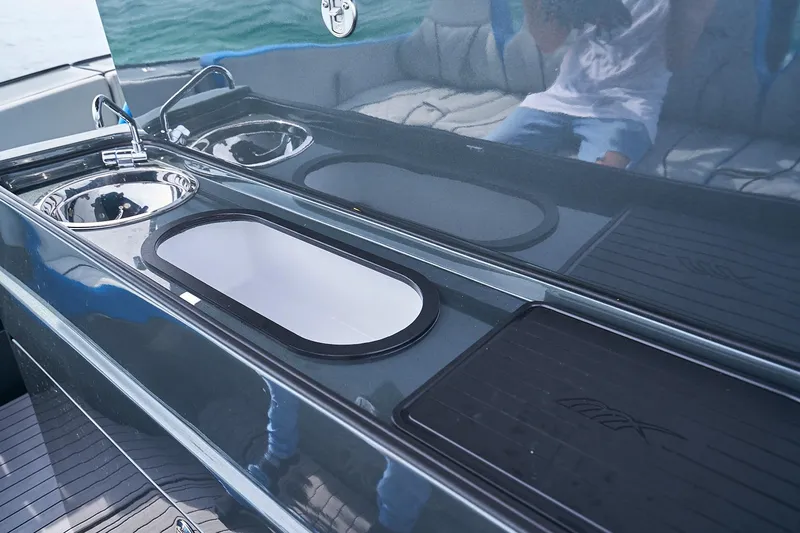  Yacht Photos Pics Luxury kitchen area on 2020 Midnight Express 43' Open boat with sink and counter.