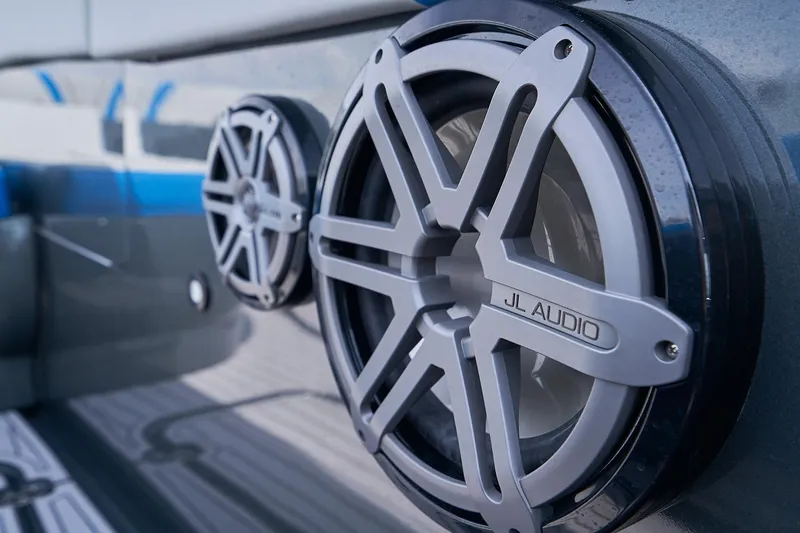  Yacht Photos Pics Close-up of JL Audio speakers on a 2020 Midnight Express 43' Open boat.