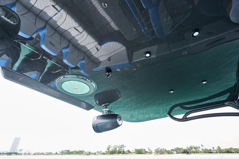  Yacht Photos Pics 2020 Midnight Express 43' Open boat, underside view with speakers and seating reflections.