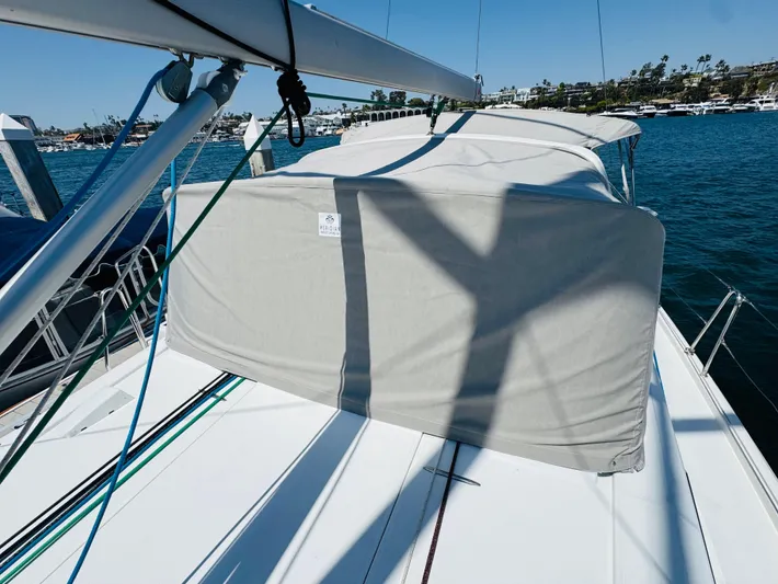 Happy Hour Yacht Photos Pics Beneteau Oceanis 41.1 sailboat deck with cover, docked in a marina, 2020 model.