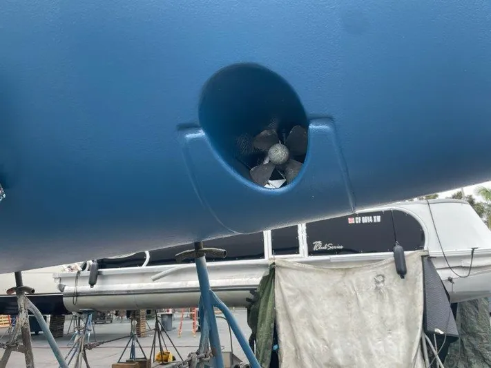 Happy Hour Yacht Photos Pics Bow thruster on a 2020 Beneteau Oceanis 41.1 sailboat in dry dock.