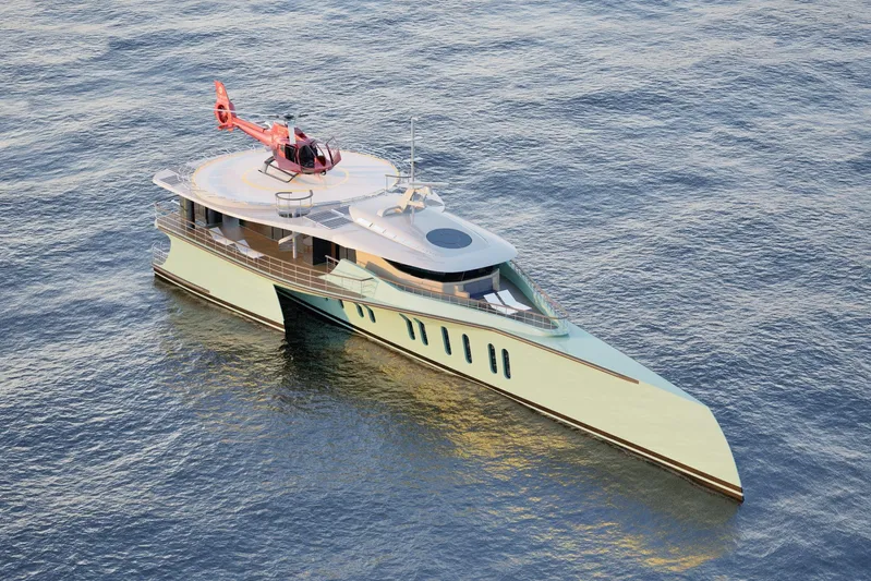 Deo Juvante Ts40 Yacht Photos Pics Futuristic Deo Juvante TS40 yacht with helicopter on deck, 2025 model, cruising on open water.