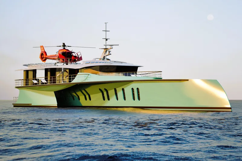 Deo Juvante Ts40 Yacht Photos Pics Luxury Deo Juvante TS40 yacht with helicopter, 2026 model, cruising on open sea.