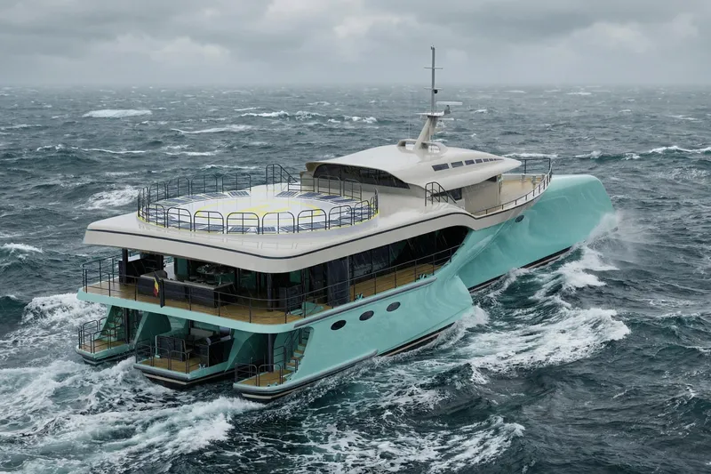 Deo Juvante Ts40 Yacht Photos Pics Futuristic Deo Juvante TS40 yacht navigating rough seas, 2026 model.
