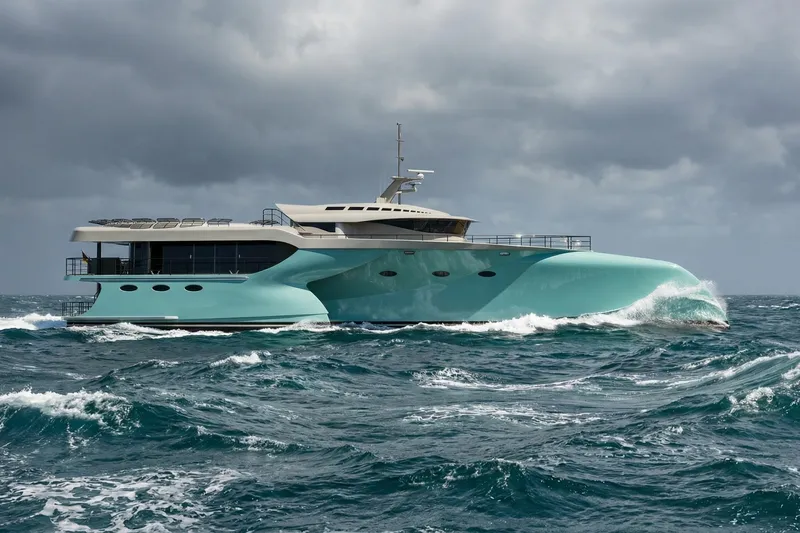 Deo Juvante Ts40 Yacht Photos Pics Luxurious Deo Juvante TS40 yacht cruising through rough seas under cloudy skies, 2026 model.