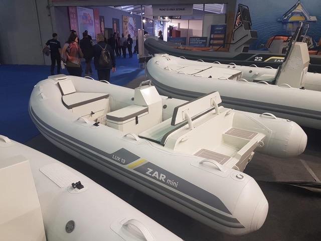 2023 ZAR Mini LUX 12 inflatable boat displayed at a boat show.