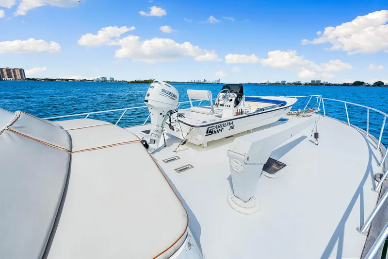 Bahama Belle Yacht Photos Pics Blackwell 72 yacht deck with a small boat, ocean view, 1996 model.